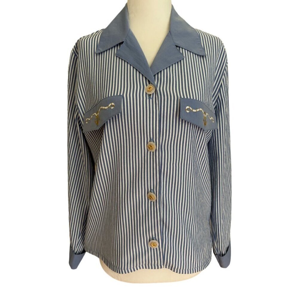 Vintage Regal Blue + White Striped Nautical Button Down Women's Shirt Size XS